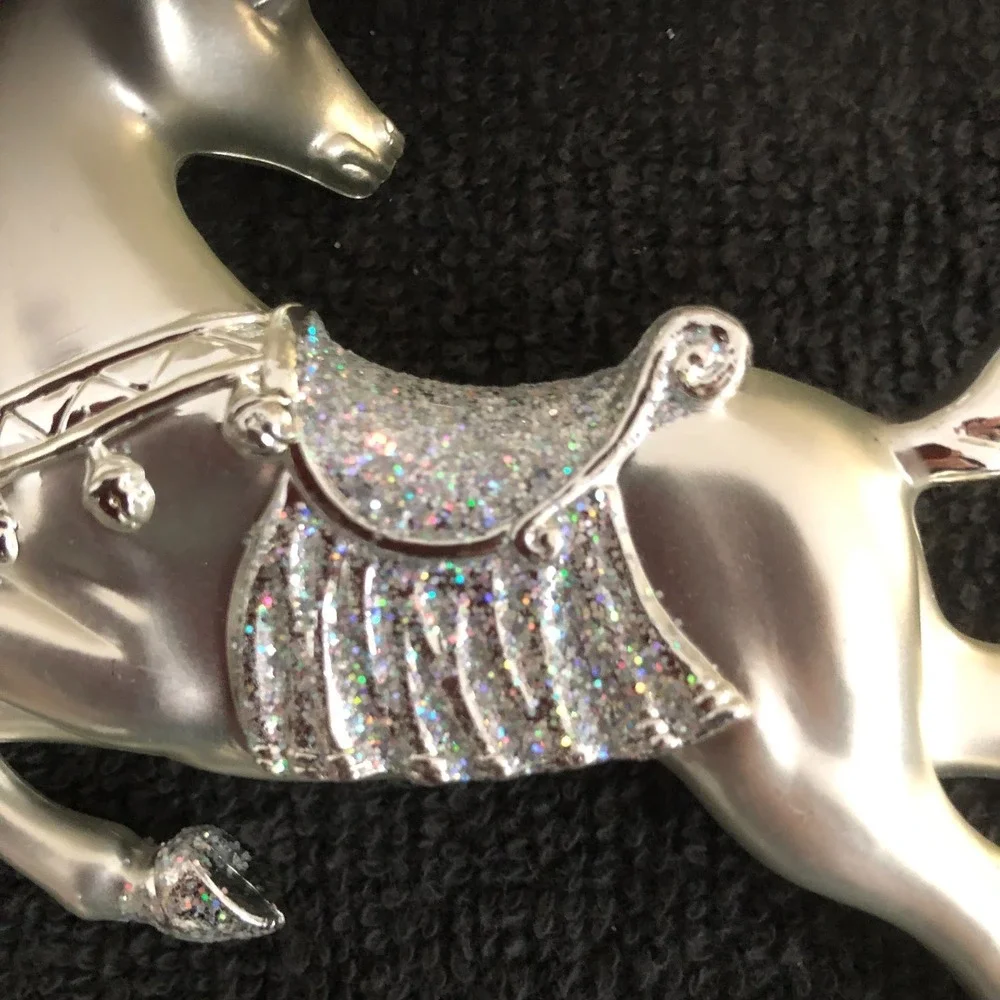 3 ~ Silver Cast Metal Reindeer Ornaments Leaping Prancing Fine Glitter READ
